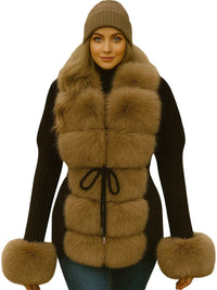 Thumbnail for Woman wearing a brown fur sweater coat with matching hat and cuffs on a white background