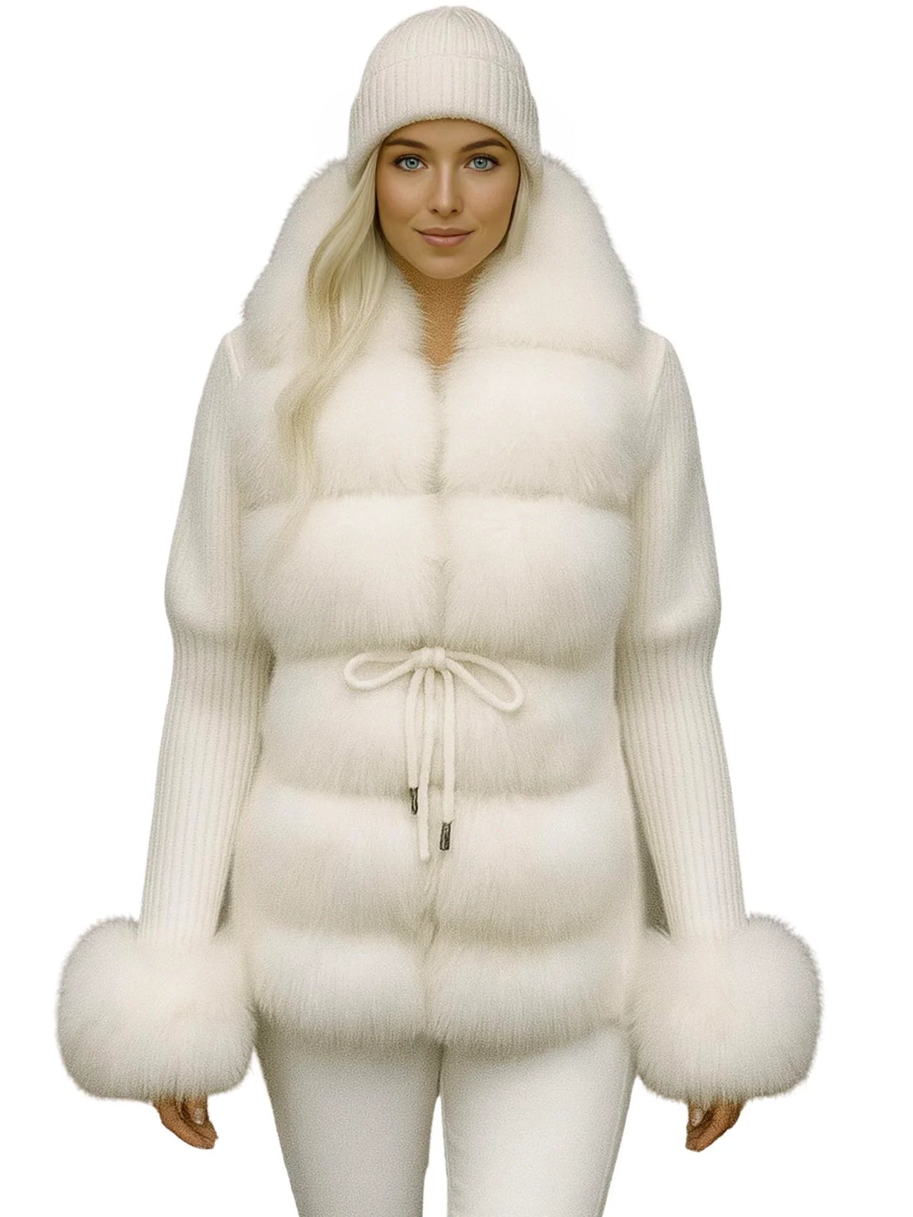 Person wearing a white fur-trimmed sweater coat with a matching hat on a white background