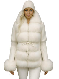 Thumbnail for Person wearing a white fur-trimmed sweater coat with a matching hat on a white background