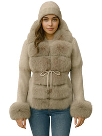 Thumbnail for Woman wearing a beige fur-trimmed sweater coat and hat on a white background
