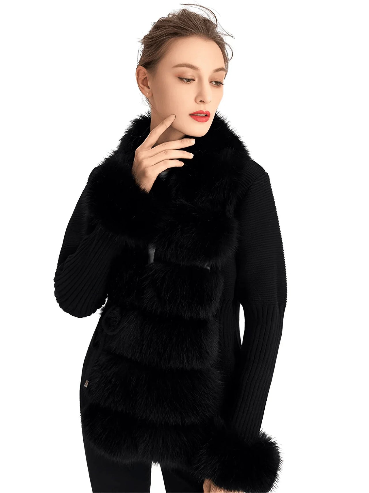 Woman wearing a black fur-trimmed coat on a white background