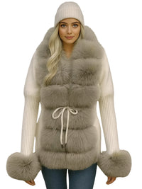 Thumbnail for Woman wearing a fur vest with a white knit sweater coat and beanie on a white background