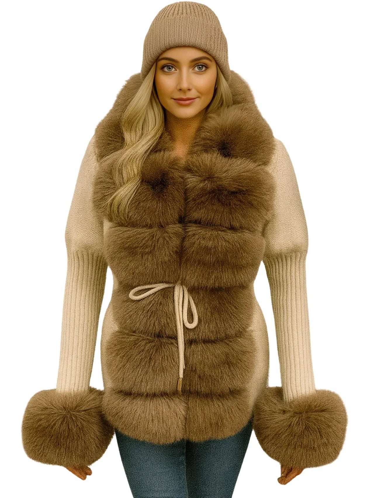 Woman wearing a brown fur sweater coat with matching gloves and hat on a white background