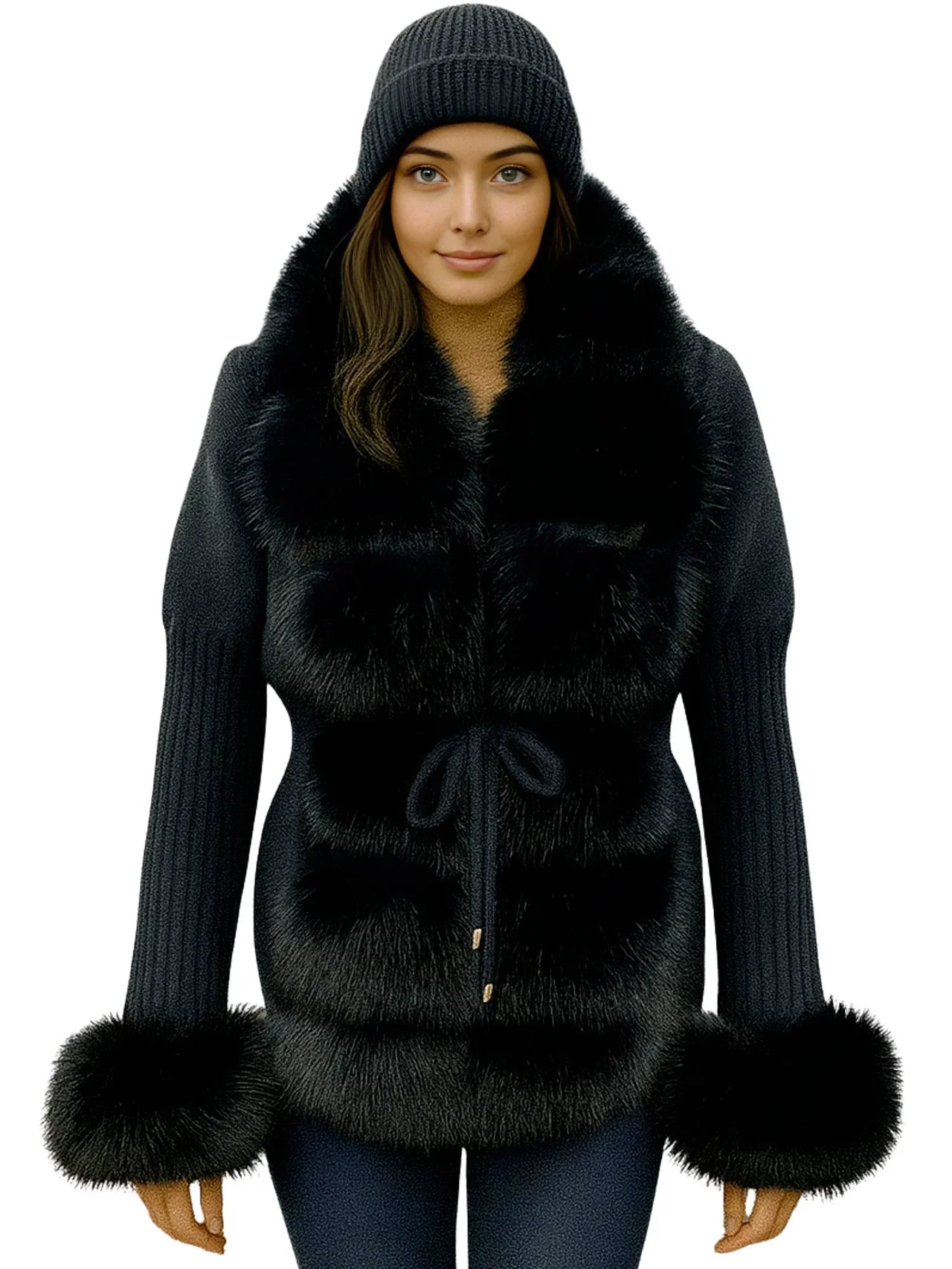 Women's Luxury Knitted Sweater Coat With Detachable Fur in 14 Colors!