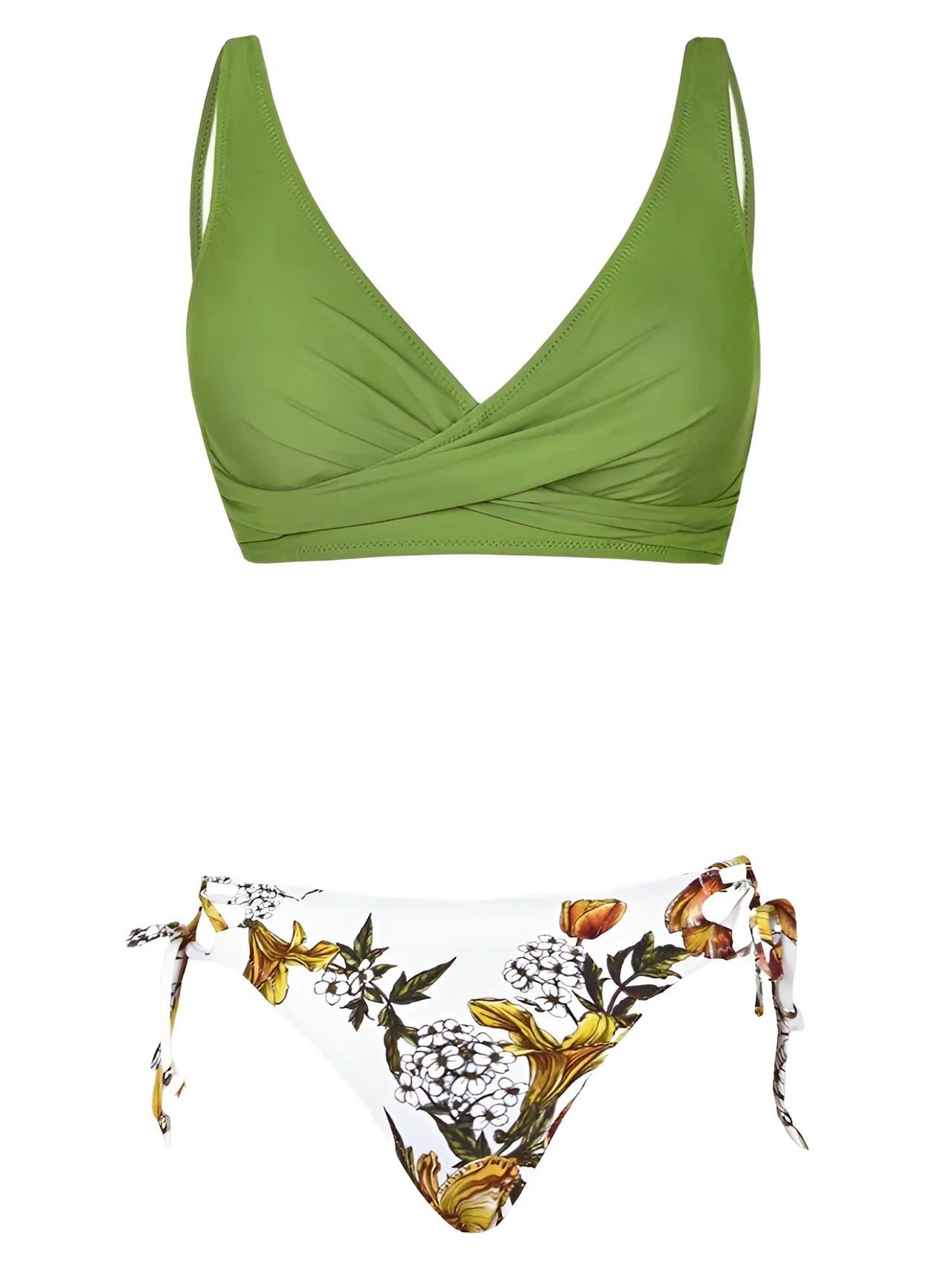 Green bikini top and floral-patterned bottom on a white background