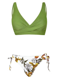 Thumbnail for Green bikini top and floral-patterned bottom on a white background