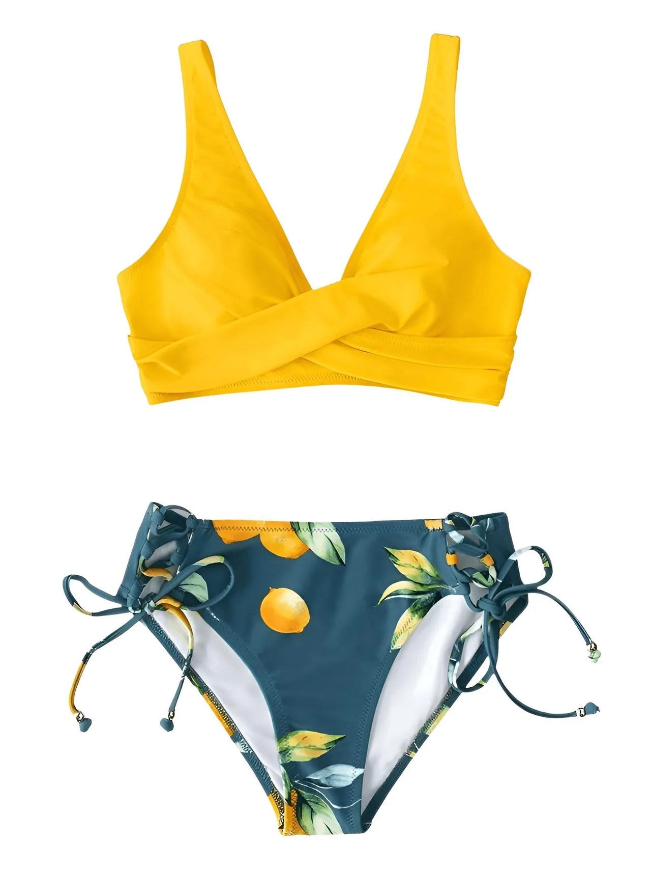 Yellow bikini top and blue floral-patterned bottom on a white background