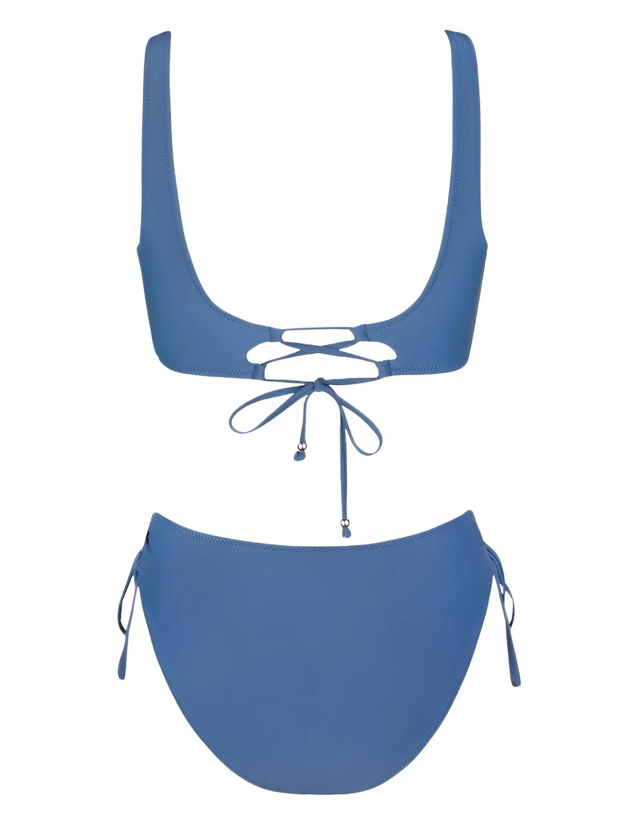 Blue bikini top and bottom set on a white background
