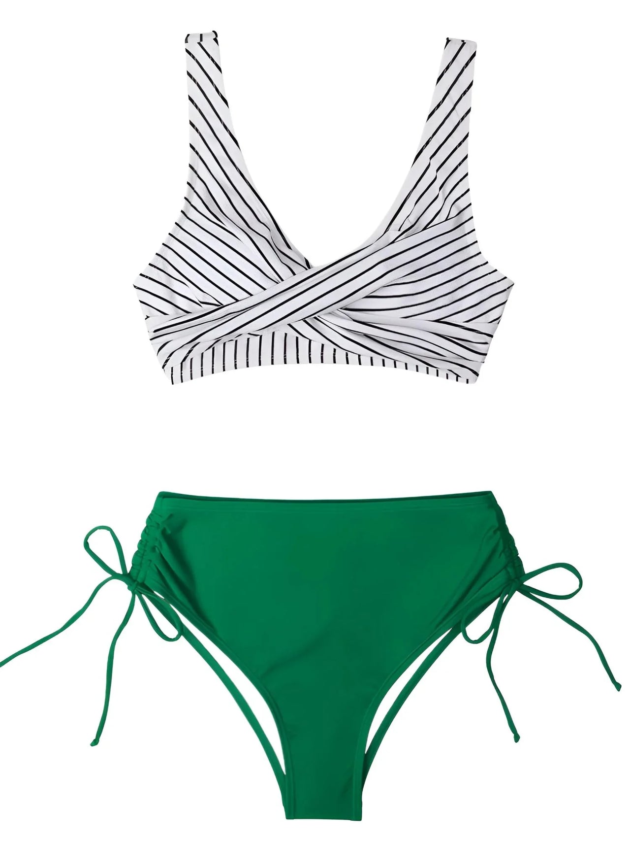 Striped bikini top and green bottom on a white background