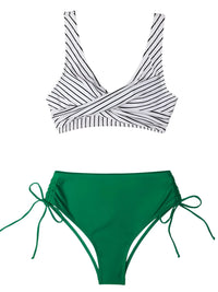 Thumbnail for Striped bikini top and green bottom on a white background