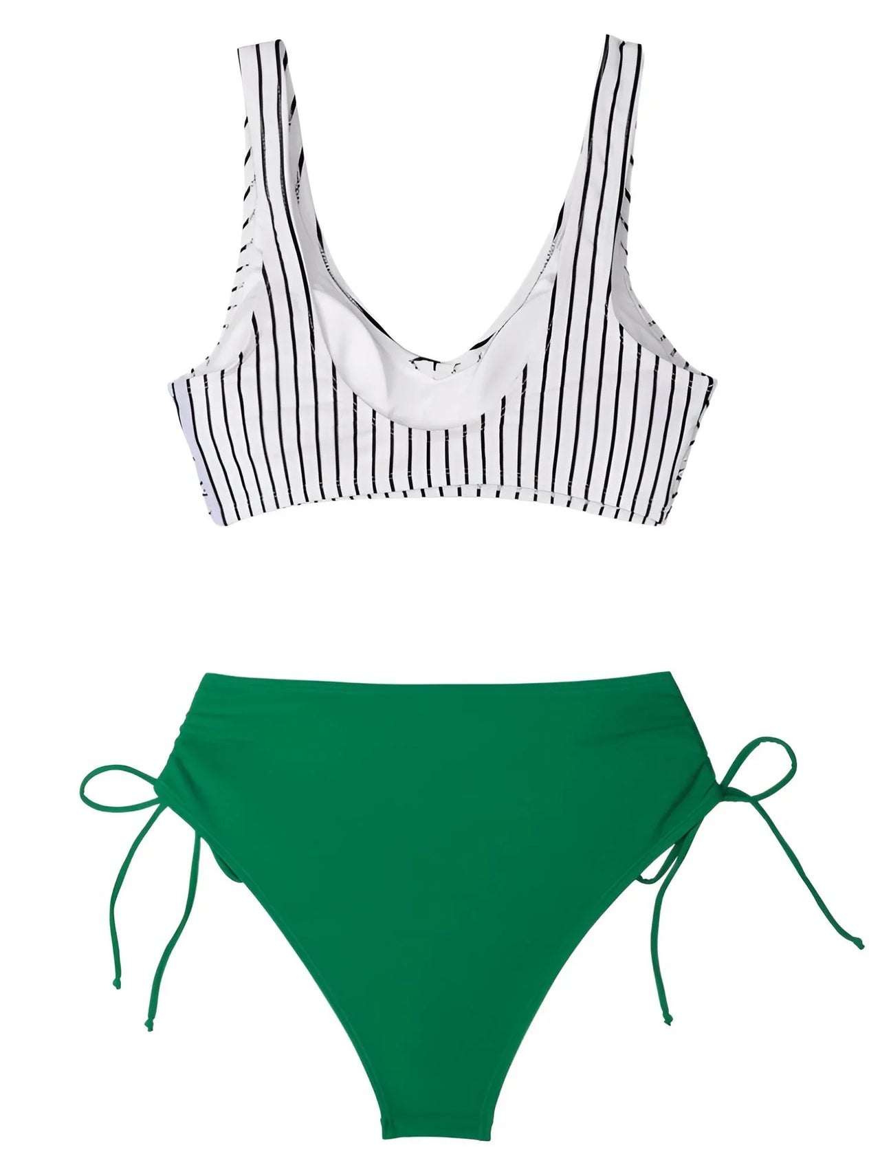 Striped bikini top and green bottom on a white background