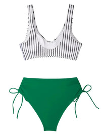 Thumbnail for Striped bikini top and green bottom on a white background