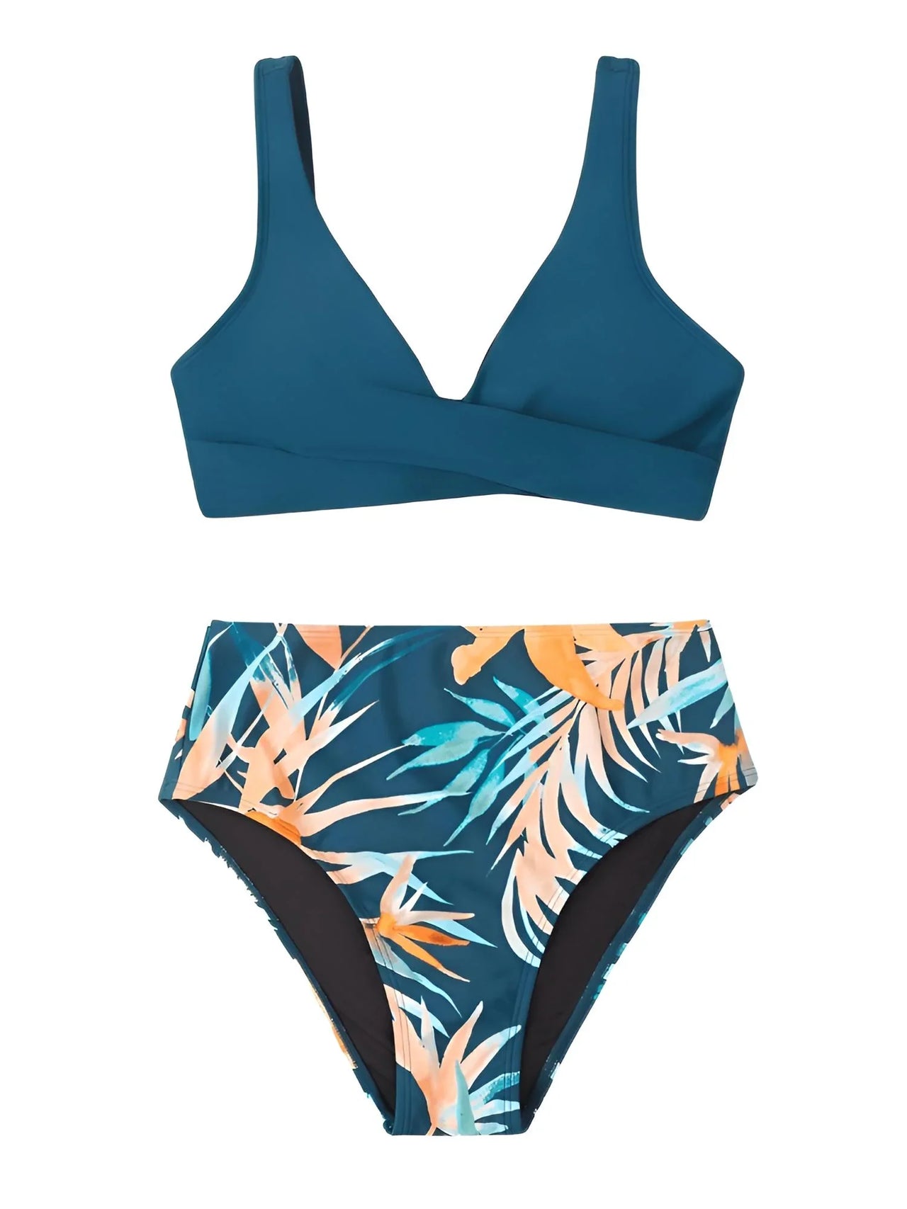 Blue bikini set with tropical leaf pattern on a white background