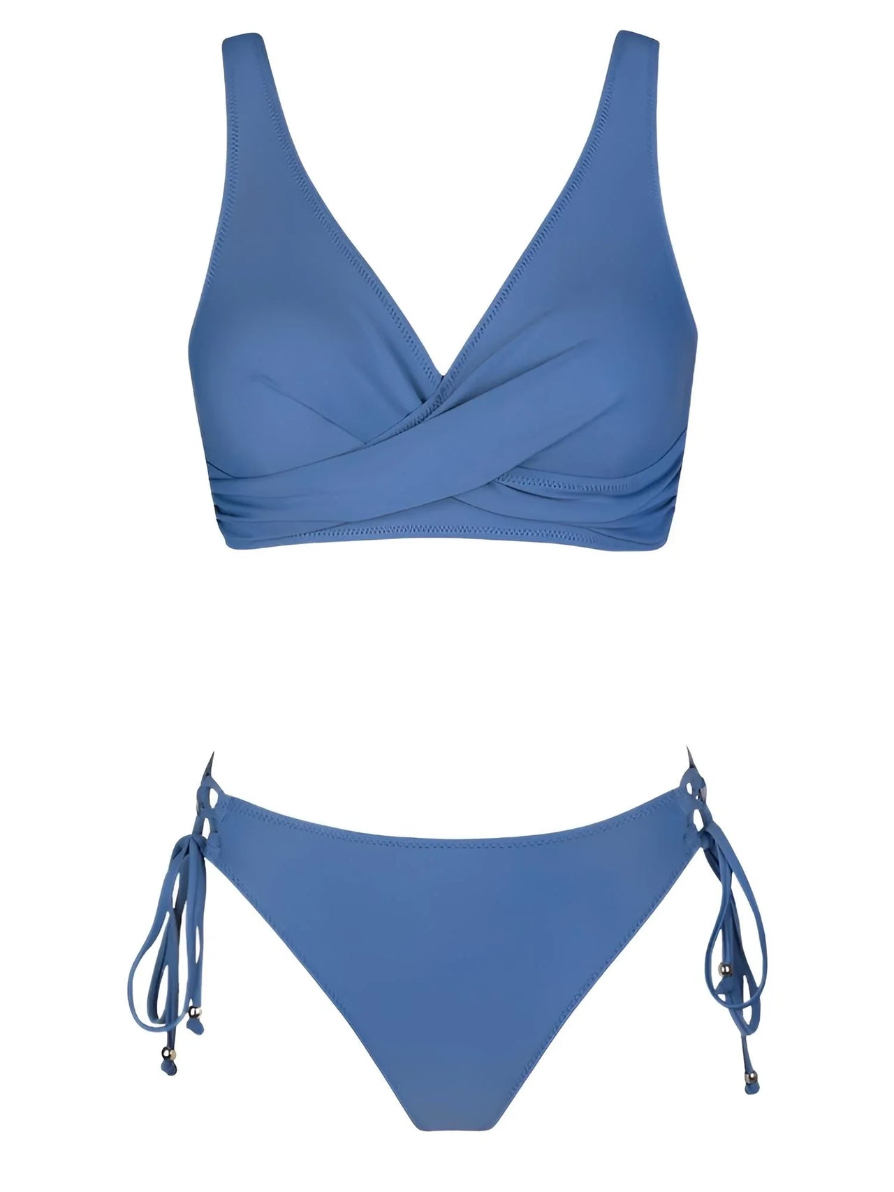 Blue bikini set with criss-cross top and tie-side bottom on a white background