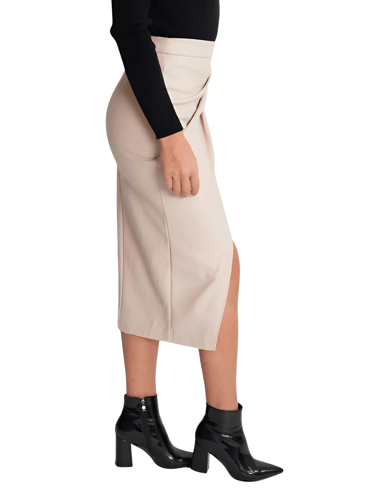 Women's Midi Leather Skirt Sexy Split High Waist Front Slit Skirts Ladies Black Faux Leather Folded Skirt For Women, Drestiny, Skirts, United States, Australia, New Zealand, Black, Brown, Beige, S, M, L, XL, 4 6, 8, 10, 12, Midi leather skirt, women's leather midi skirt, Off White leather midi skirt, Leather pencil midi skirt, High waisted leather midi skirt, shopdrestiny.com
