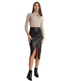 Thumbnail for Women's Midi Leather Skirt Sexy Split High Waist Front Slit Skirts Ladies Black Faux Leather Folded Skirt For Women