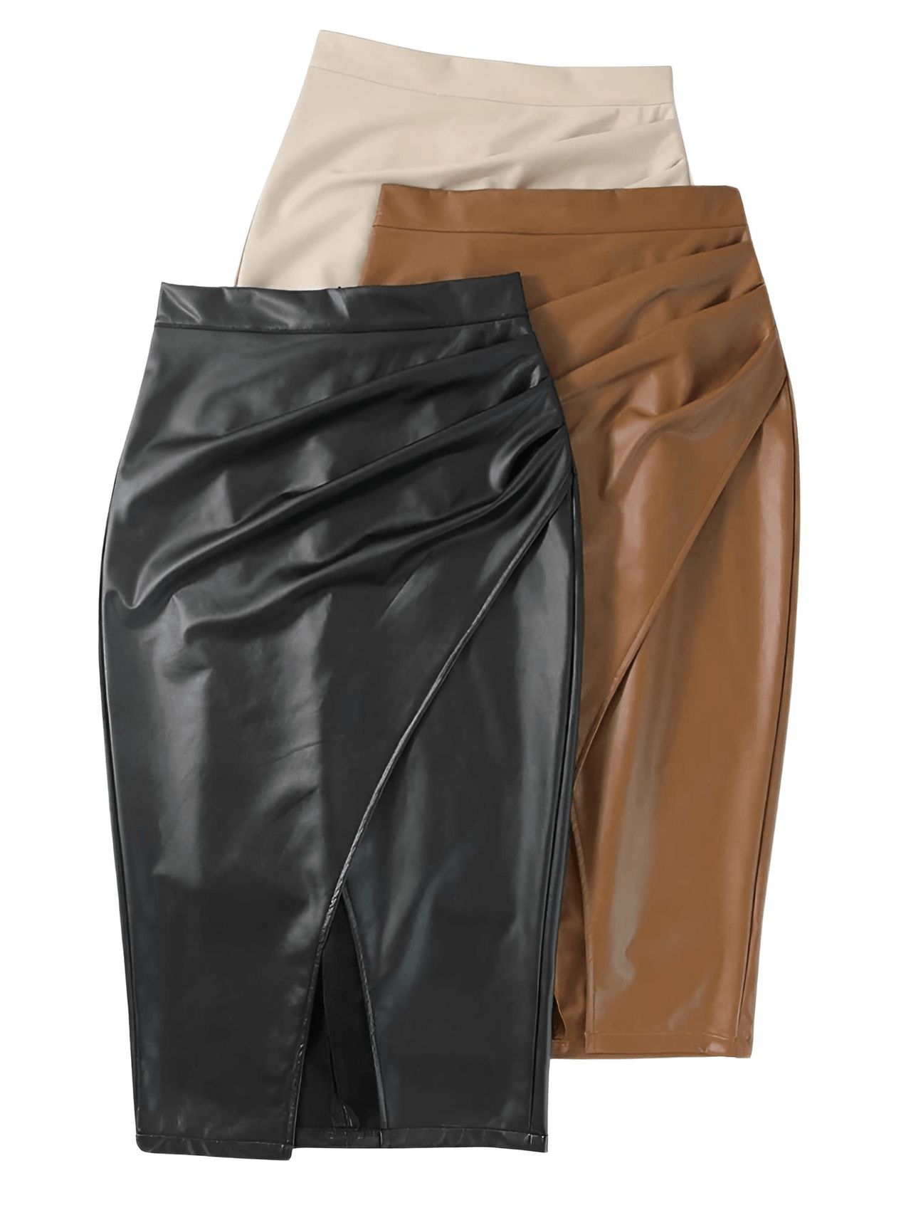 Women's Midi Leather Skirt Sexy Split High Waist Front Slit Skirts Ladies Black Faux Leather Folded Skirt For Women, Drestiny, Skirts, United States, Australia, New Zealand, Black, Brown, Beige, S, M, L, XL, 4 6, 8, 10, 12, Midi leather skirt, women's leather midi skirt, Black leather midi skirt, Leather pencil midi skirt, High waisted leather midi skirt, shopdrestiny.com