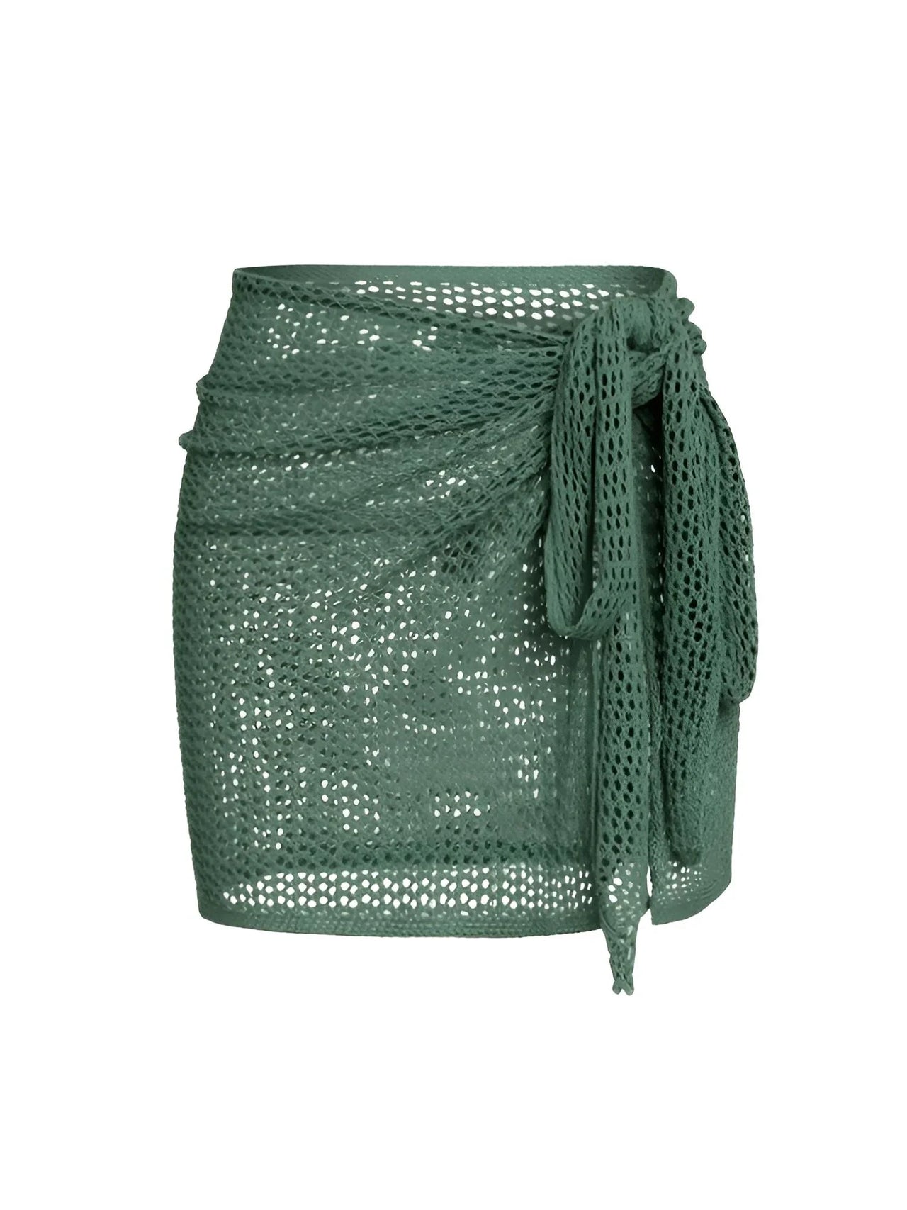 Green knitted skirt with a tie on a white background