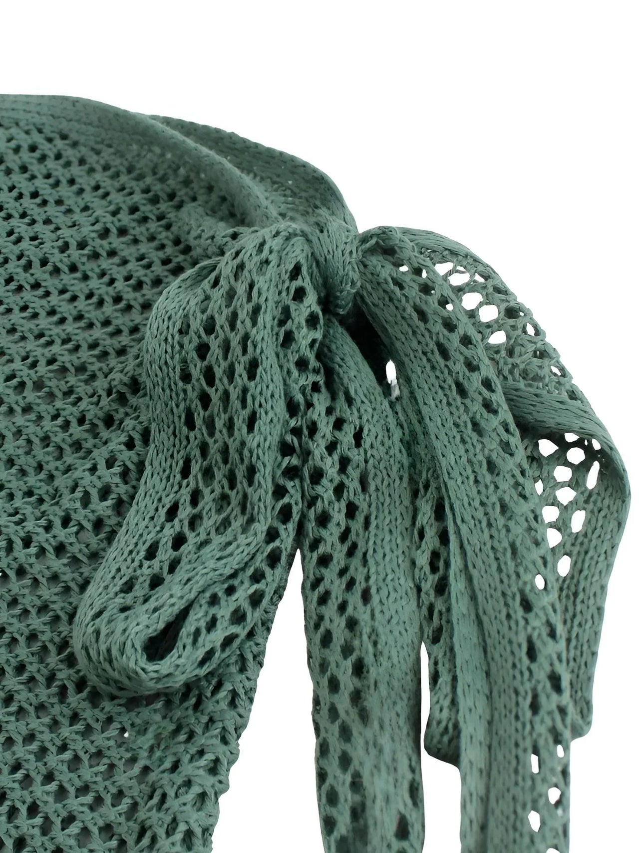 Green knitted scarf with openwork pattern on a white background