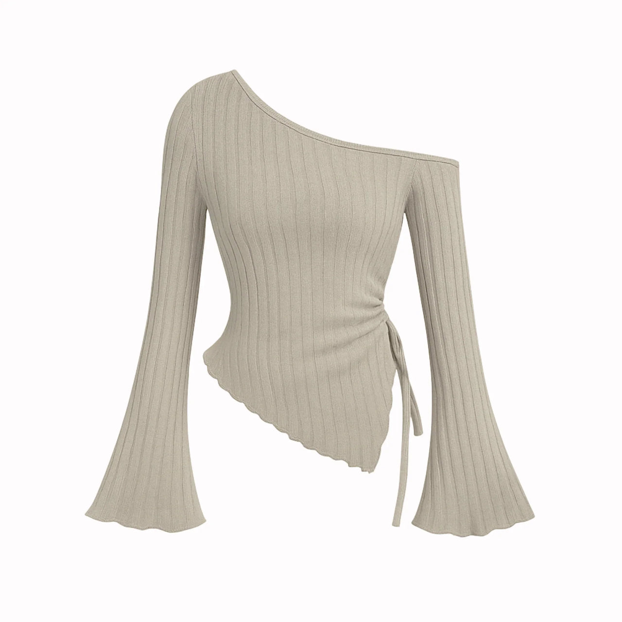 Beige ribbed asymmetrical long sleeved top with one shoulder design on a white background