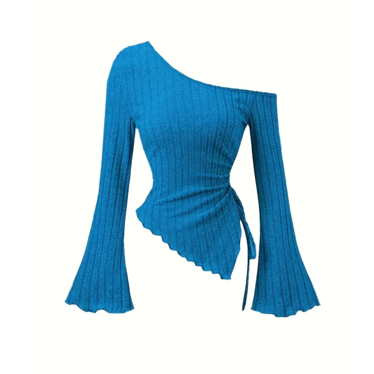 Blue ribbed asymmetrical sweater with one shoulder design on a white background