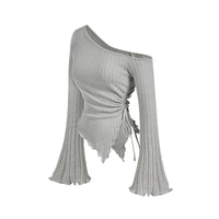 Thumbnail for Women's Off-Shoulder Asymmetrical Shirt Street Style Trumpet Sleeve Top Long Sleeve, Casual Shirts, Long Sleeves, XS, S, M, L, XL, United States, Off Shoulder, USA, Canada, Australia, New Zealand, United Kingdom, UK, Black, Grey, Olive Green, White, Khaki, Dark Olive Green, off the shoulder top, asymmetrical top women's, one shoulder top, off shoulder shirt, asymmetrical off shoulder top, shopdrestiny.com