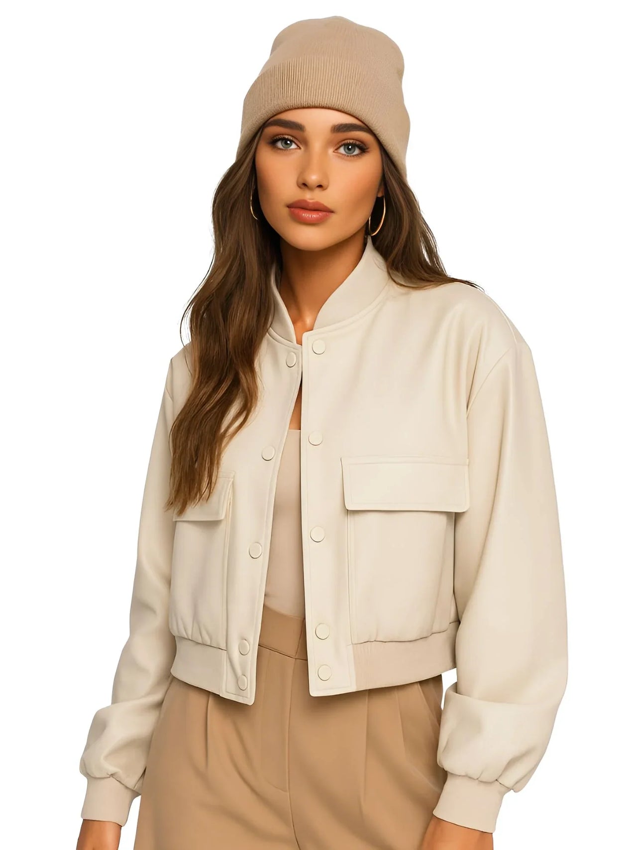 Woman wearing an off white bomber jacket and beanie on a white background