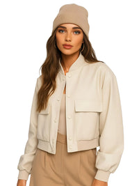 Thumbnail for Woman wearing an off white bomber jacket and beanie on a white background