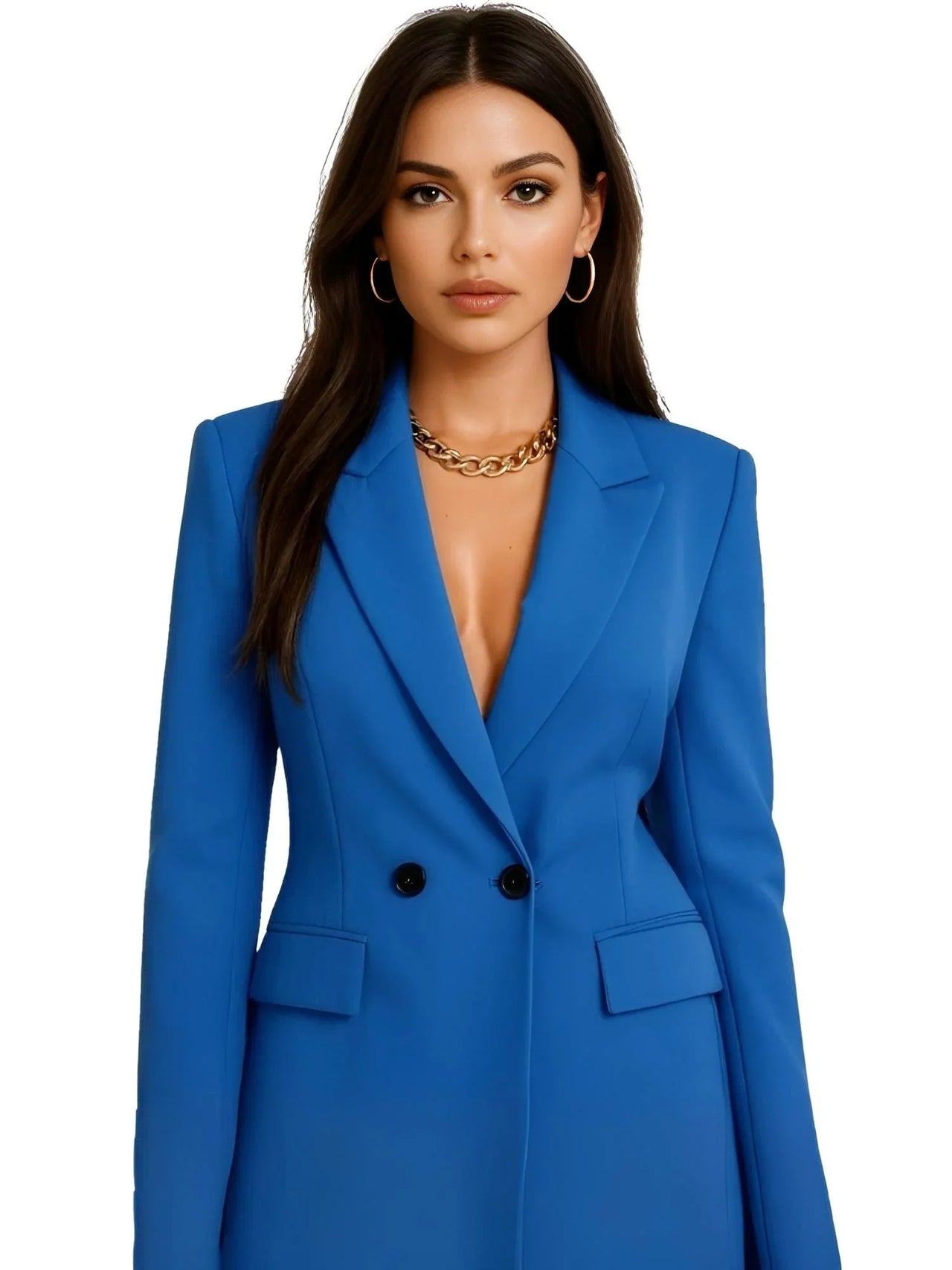 Woman wearing a royal blue blazer on a white background