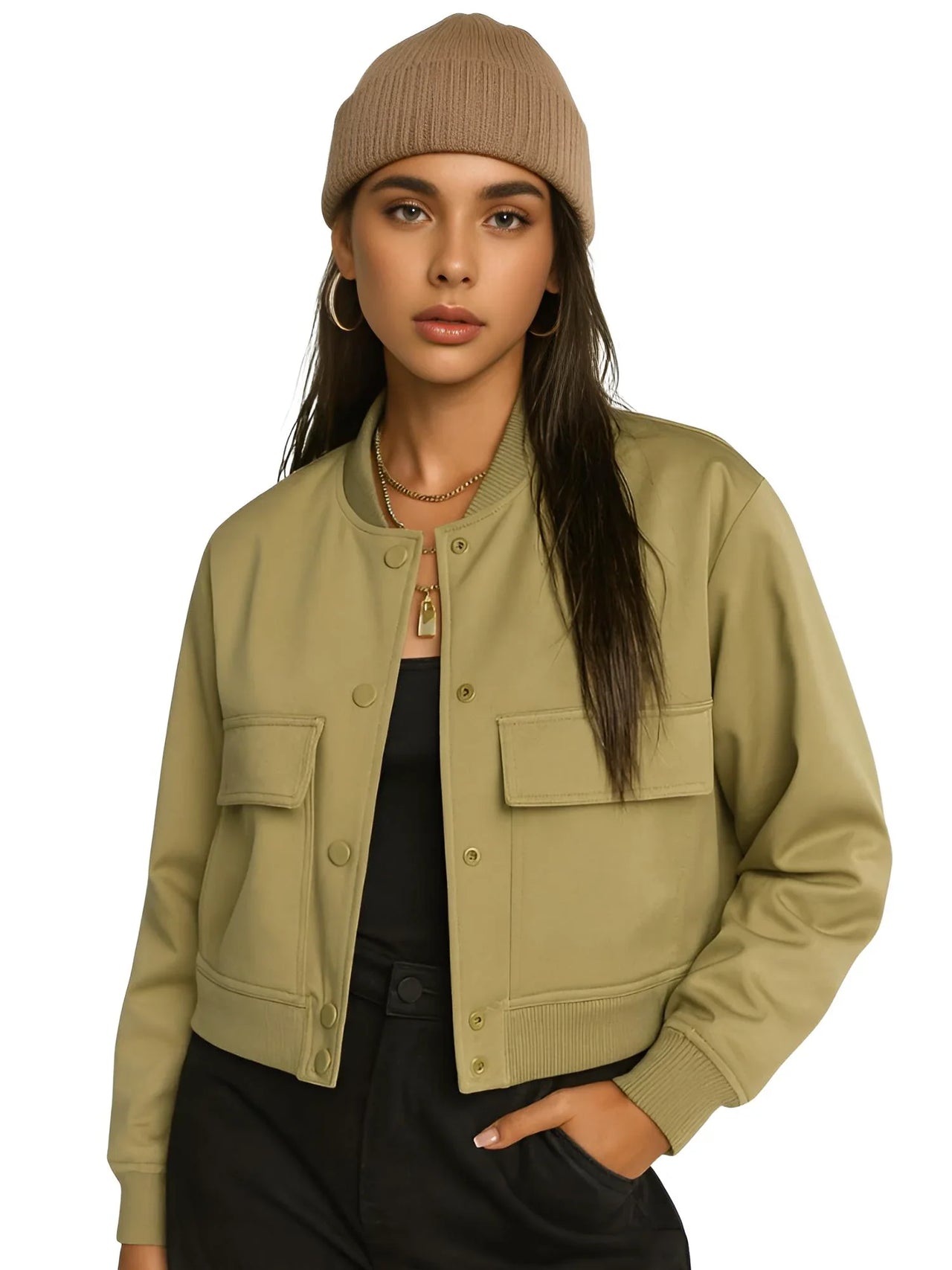 Woman wearing a green jacket and beige beanie on a white background