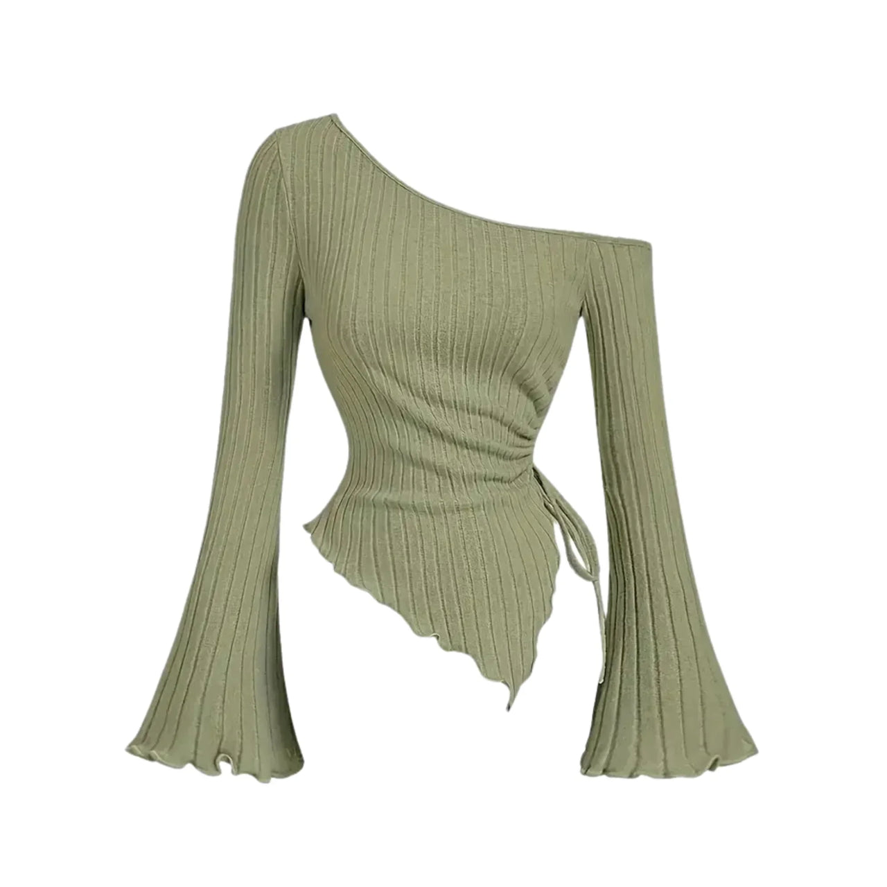 Olive green ribbed one shoulder asymmetrical sweater with long flared sleeves on a white background