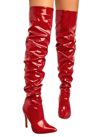 Thumbnail for Women's Over The Knee Boots High Heels Patent Leather Solid Pointed Toe Stiletto Side Zipper, Drestiny, Black, Red, White, Apricot, 4, 5, 6, 7, 8, 9, 10, 11, United States, Australia, New Zealand, USA, leather thigh high boots, black leather thigh high boots, high heel leather thigh high boots, designer leather thigh high boots, Shopdrestiny.com