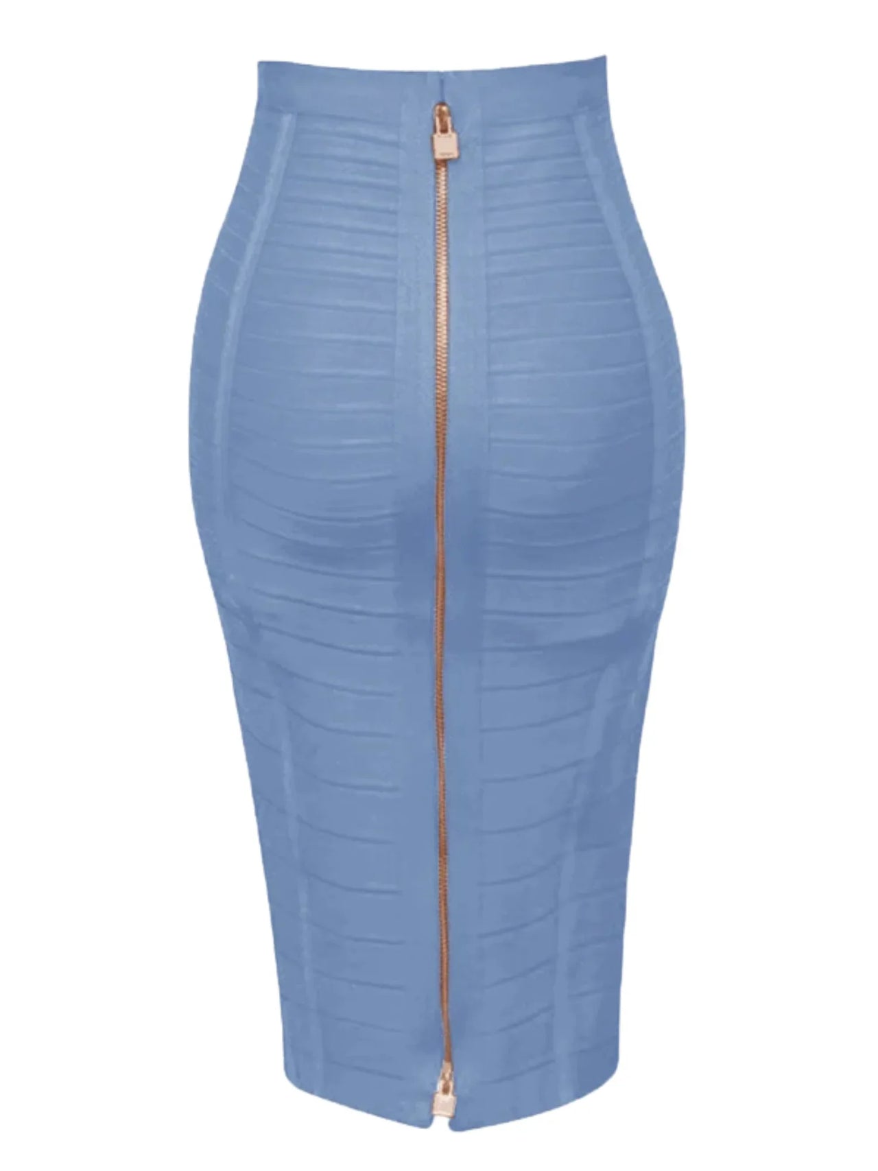 Light blue pencil skirt with a zipper on a white background