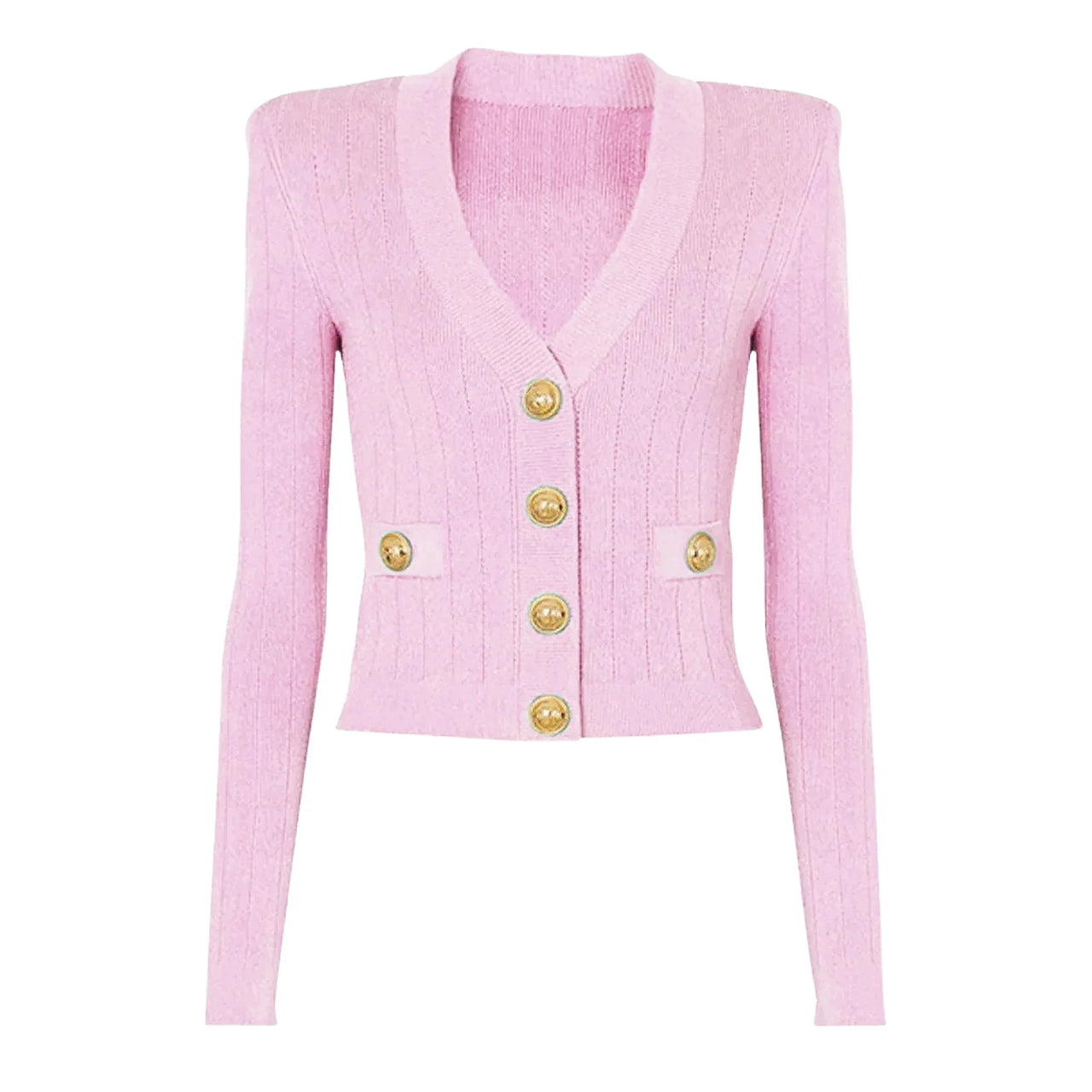 Pink cardigan with gold buttons on a white background
