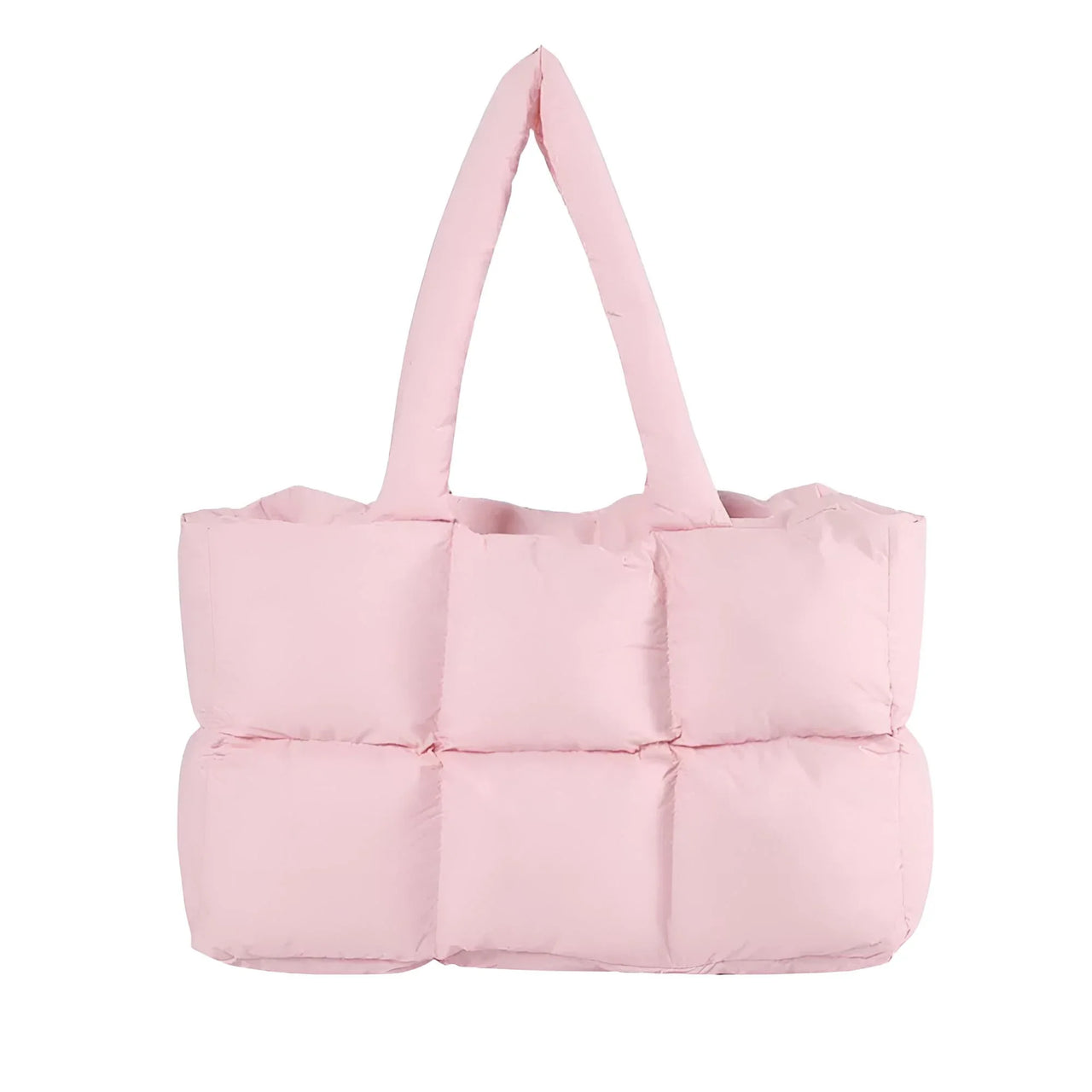 Pink puffer tote bag on a white background