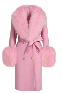 Thumbnail for Pink wool and cashmere coat with fur trim on a white background