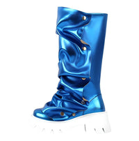 Thumbnail for Women's Platform Fold Over Boots Block Heel Round Toe Pull on Fashion Mid-Calf Female Boots, Drestiny, Platform Boots Women, Chunky Platform Boots, Black Platform Boots, Platform Boot Outfit Ideas, United States, USA, Canada, Australia, New Zealand, United Kingdom, UK, Red, Orange, Brown, Black, Metallic Blue, White, Metallic Gold, 5, 6, 7, 8, 9, 9.5, 10, 11, 12, 13, 14, 15, shopdrestiny.com