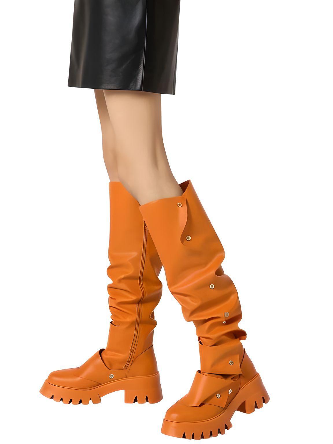 Women's Platform Fold Over Boots Block Heel Round Toe Pull on Fashion Mid-Calf Female Boots, Drestiny, Platform Boots Women, Chunky Platform Boots, Black Platform Boots, Platform Boot Outfit Ideas, United States, USA, Canada, Australia, New Zealand, United Kingdom, UK, Red, Orange, Brown, Black, Metallic Blue, White, Metallic Gold, 5, 6, 7, 8, 9, 9.5, 10, 11, 12, 13, 14, 15, shopdrestiny.com