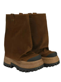 Thumbnail for Pair of brown platform slouch boots with thick soles on a white background