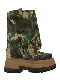 Thumbnail for Camouflage platform slouch boots with a brown sole on a white background