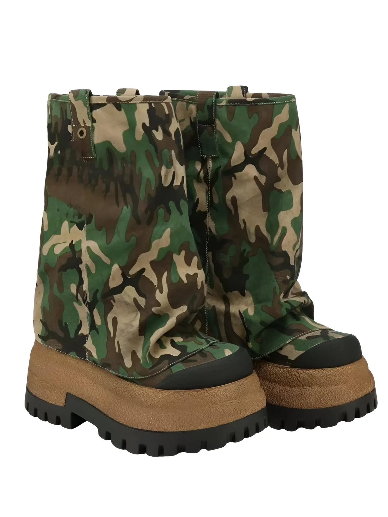 Camouflage platform slouch boots with brown soles on a white background