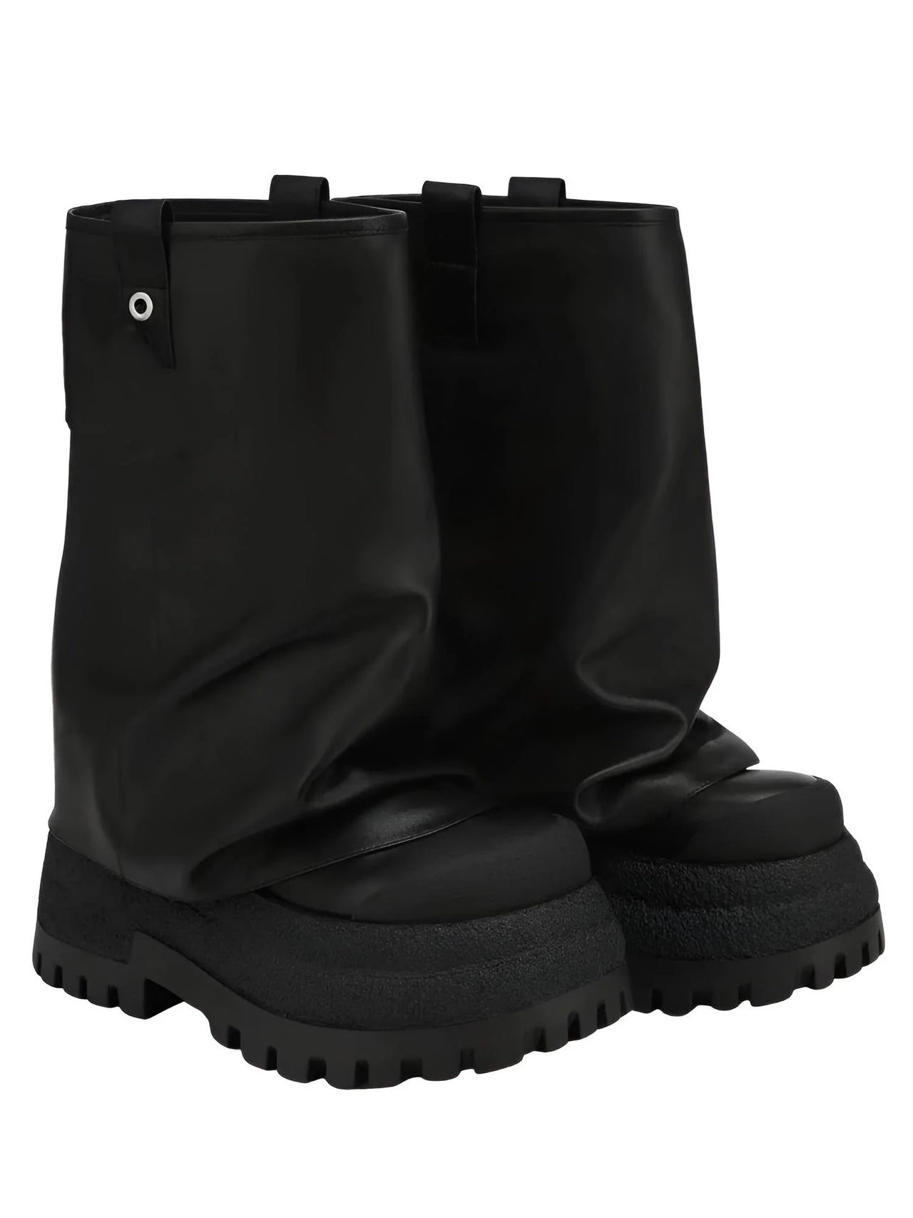 Black platform slouch boots on a white background