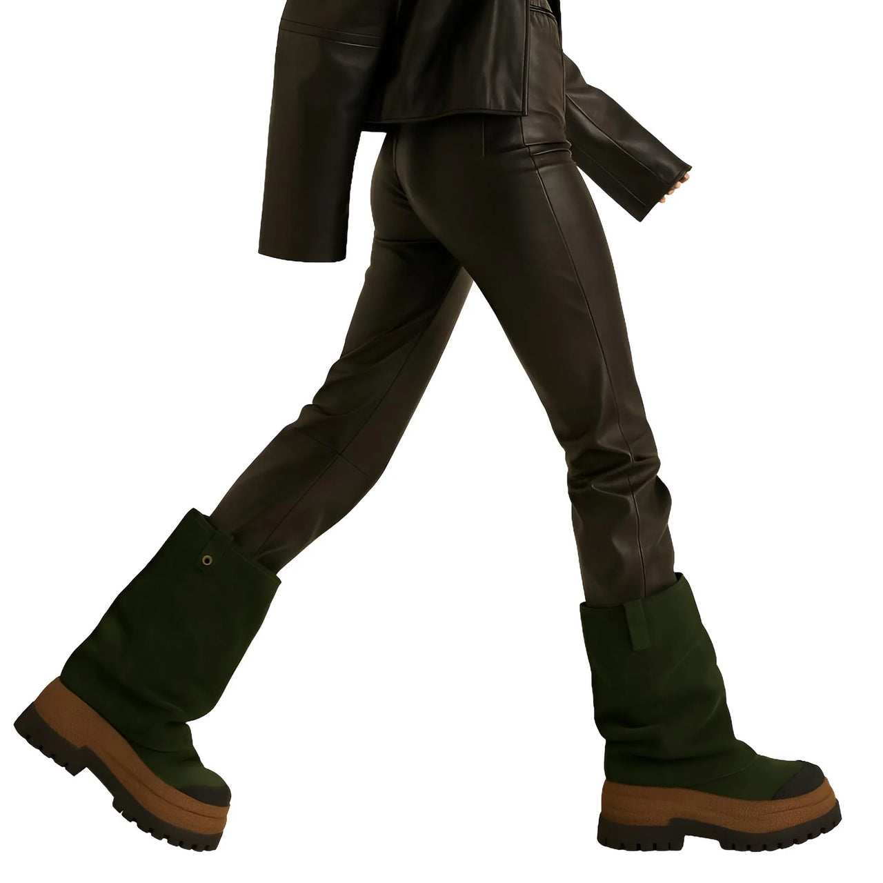 Woman wearing olive green platform slouch boots worn over brown pants on a white background