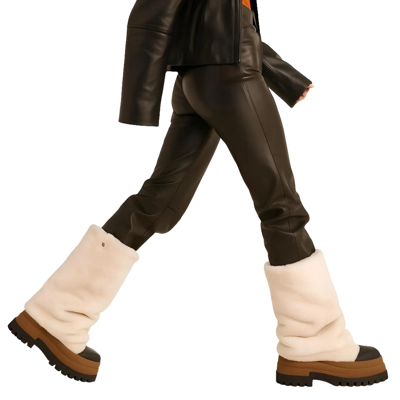Brown leather jacket, pants, and white milk platform slouch boots on a white background