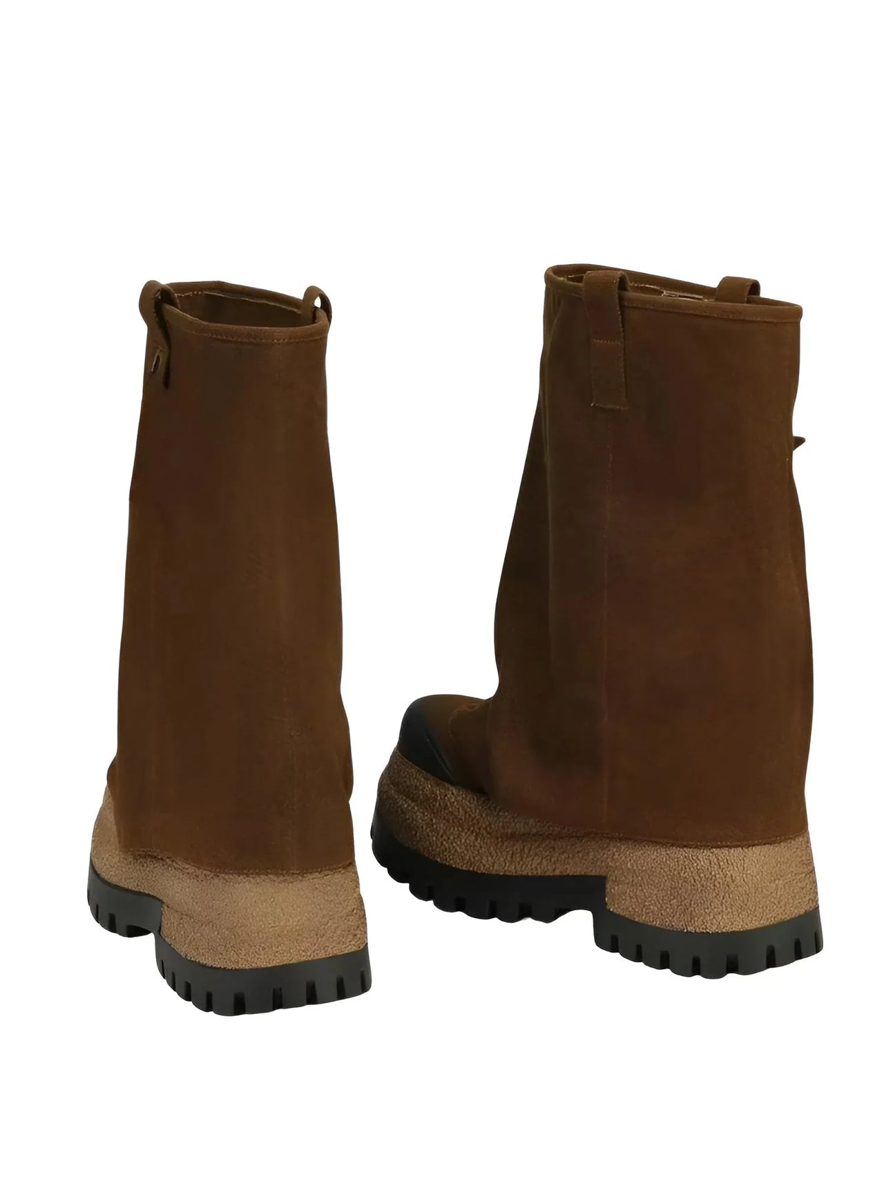 Pair of brown platform slouch boots with a white background