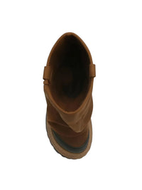 Thumbnail for Pair of brown platform slouch boots with black soles on a white background