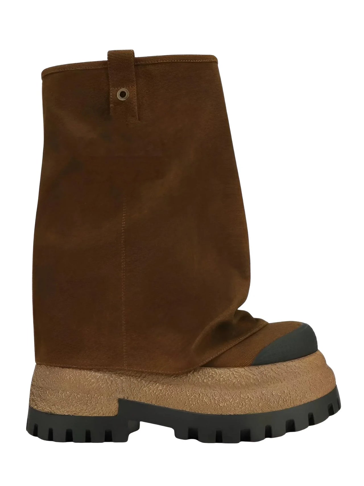 Brown platform slouch boots with a black sole on a white background