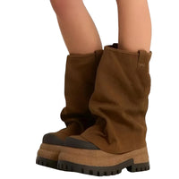 Thumbnail for Brown platform slouch boots worn by a person on a white background