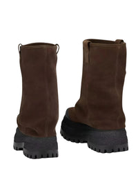 Thumbnail for Pair of brown suede platform slouch boots with black soles on a white background