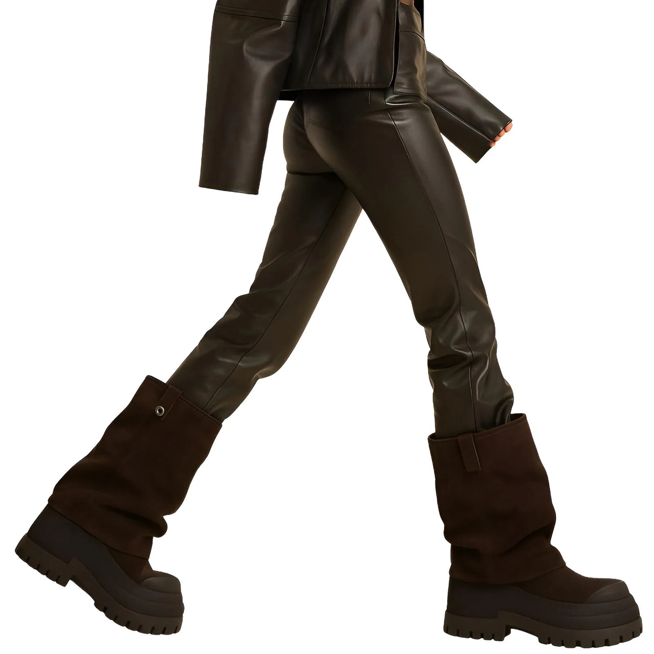 Brown leather pants and platform slouch boots on a white background
